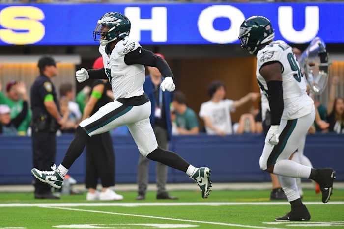 Oct 8, 2023; Inglewood, California, USA; Philadelphia Eagles linebacker Haason Reddick (7) celebrates after sacking Los Angeles Rams quarterback Matthew Stafford (9) during the second half at SoFi Stadium.